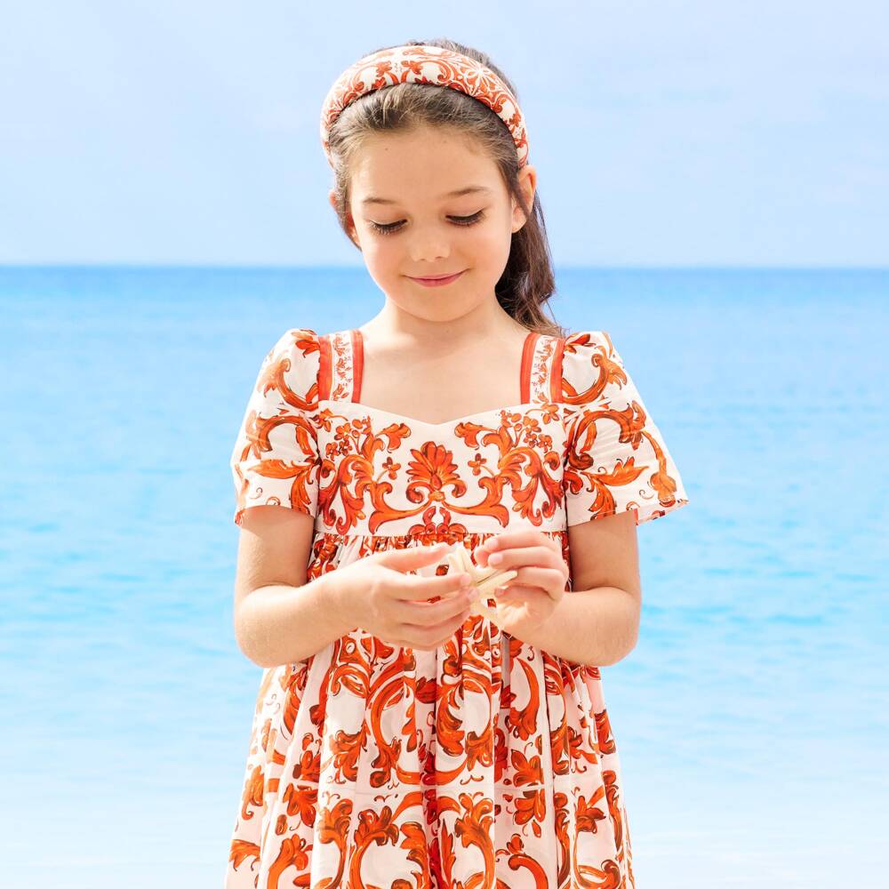Dolce & Gabbana-Girls Orange Majolica Print Poplin Dress | Childrensalon