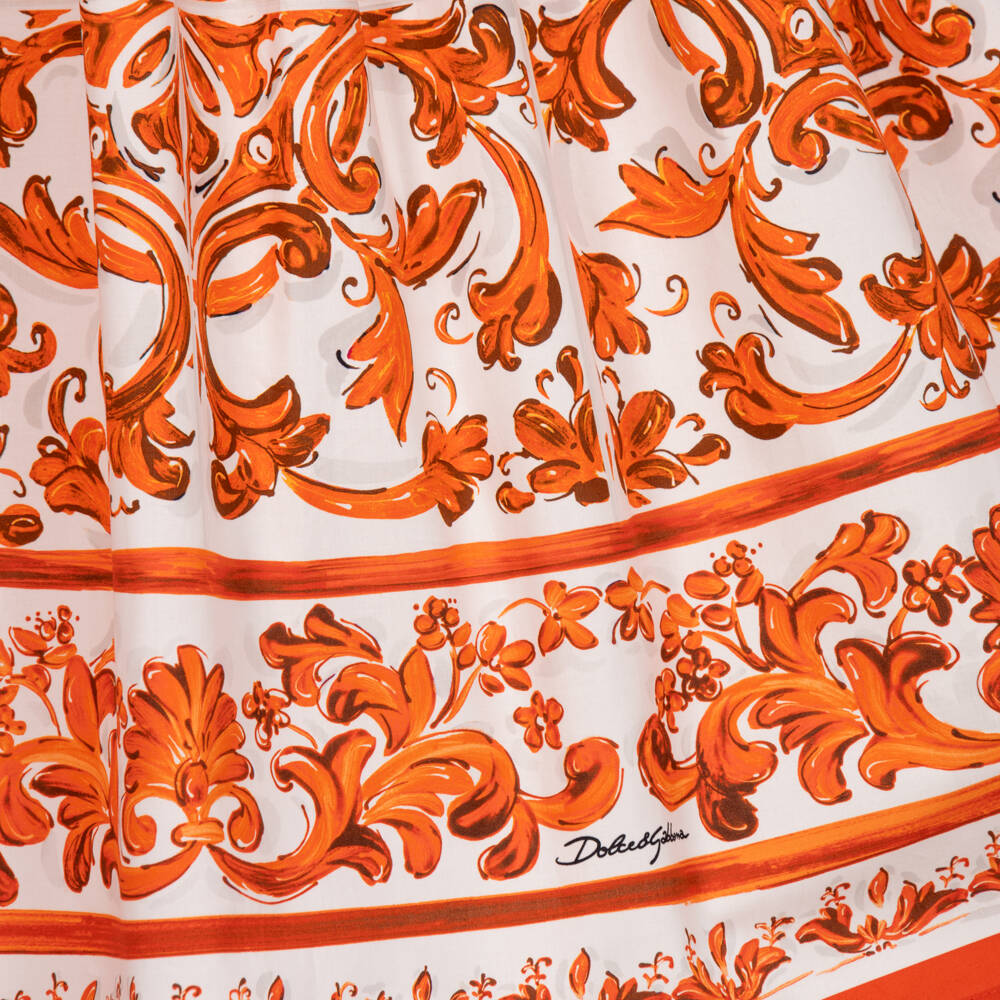 Dolce & Gabbana-Girls Orange Majolica Print Poplin Dress | Childrensalon