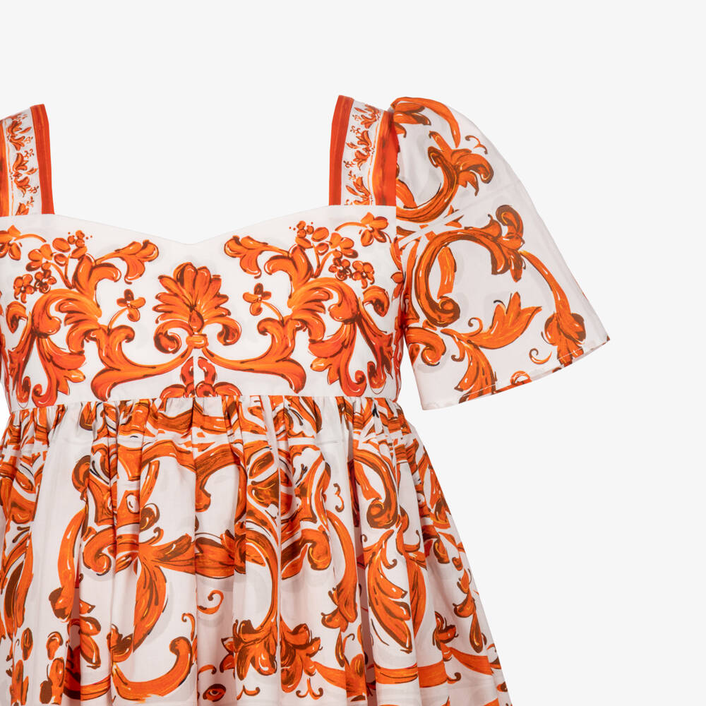 Dolce & Gabbana-Girls Orange Majolica Print Poplin Dress | Childrensalon