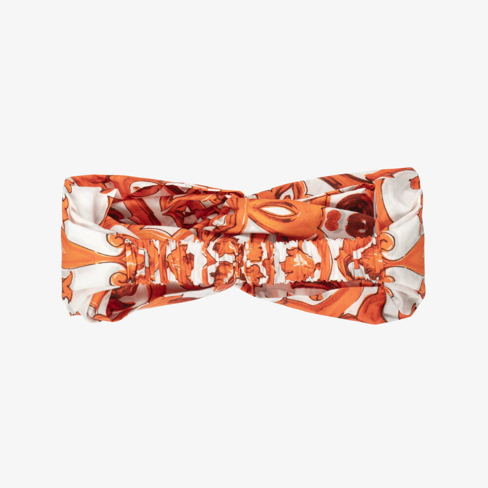 Dolce & Gabbana- Girls Orange Majolica Print Poplin Headband | Childrensalon