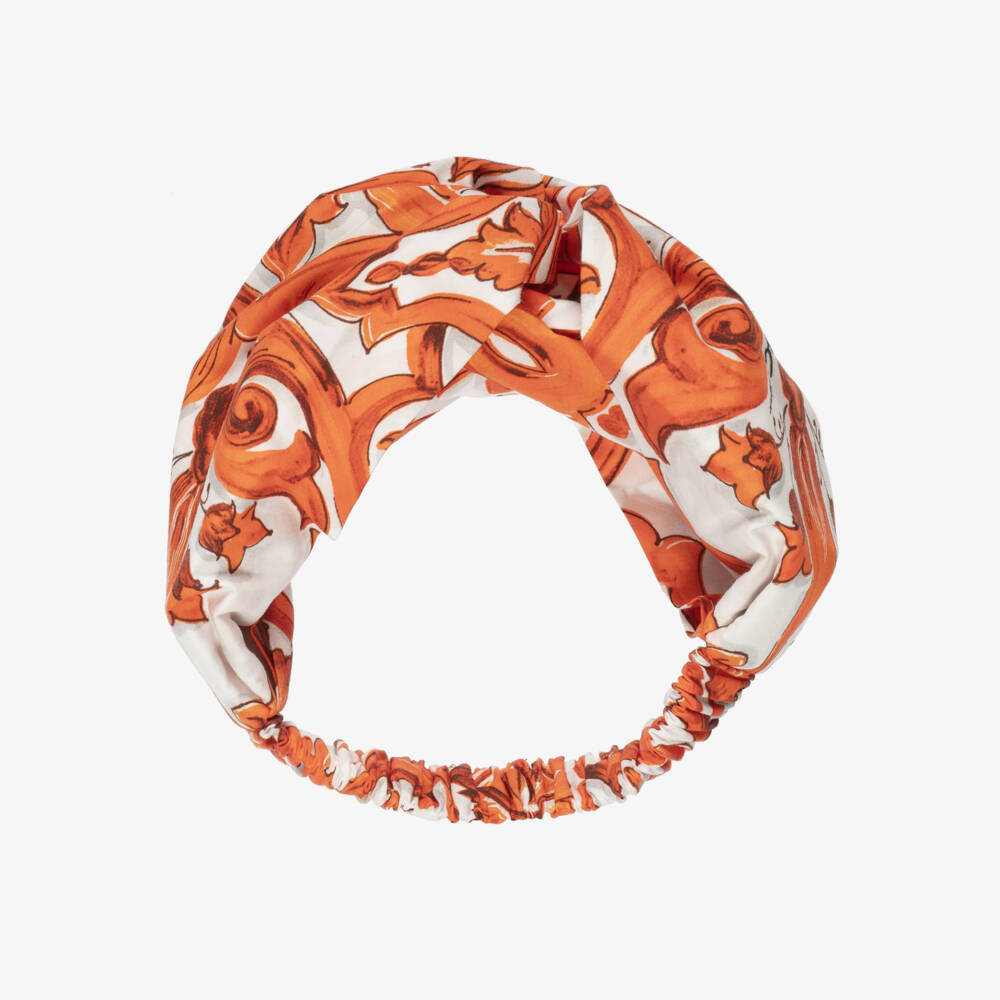 Dolce & Gabbana- Girls Orange Majolica Print Poplin Headband | Childrensalon