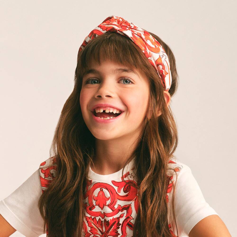Dolce & Gabbana- Girls Orange Majolica Print Poplin Headband | Childrensalon