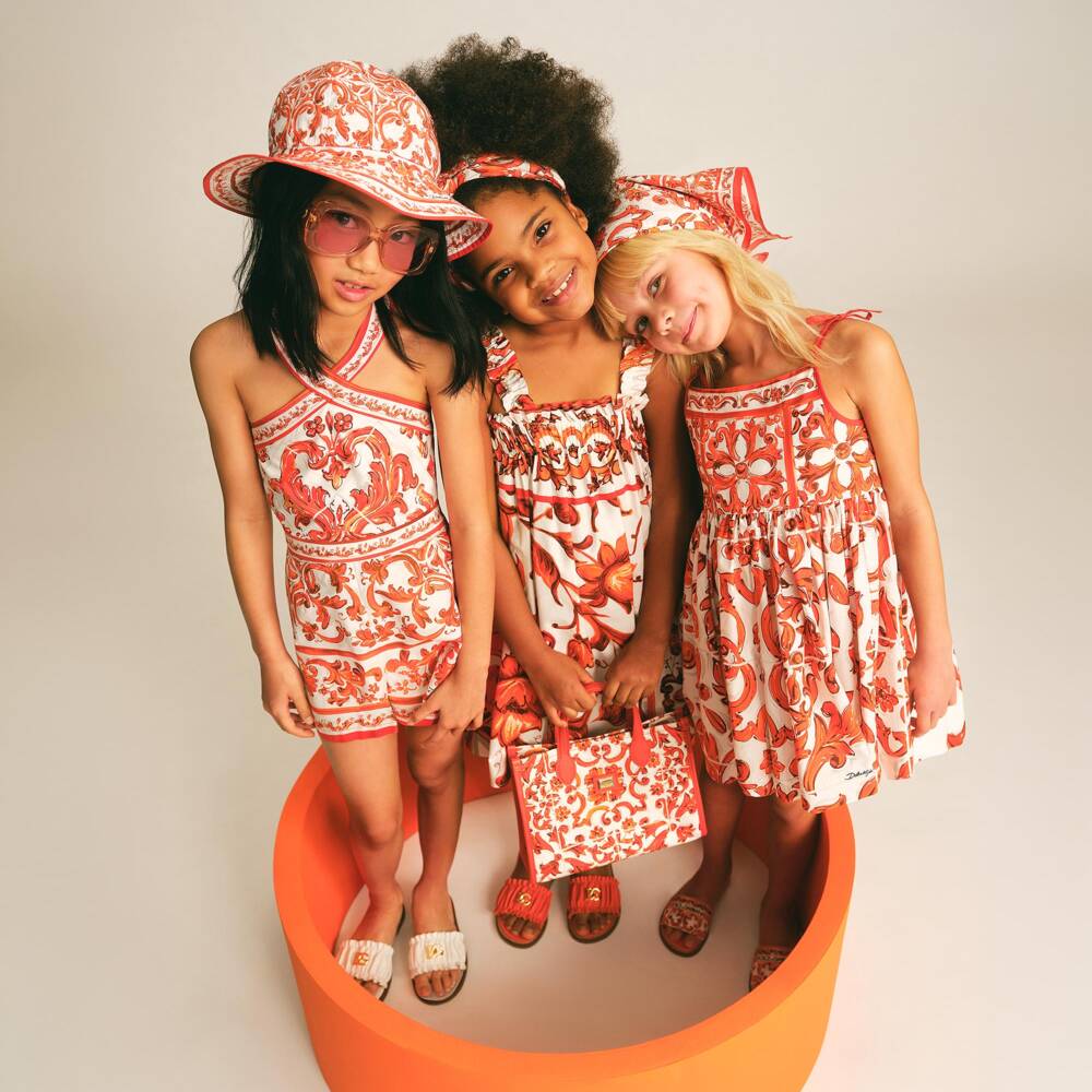 Dolce & Gabbana-Girls Orange Majolica Print Strappy Poplin Dress | Childrensalon