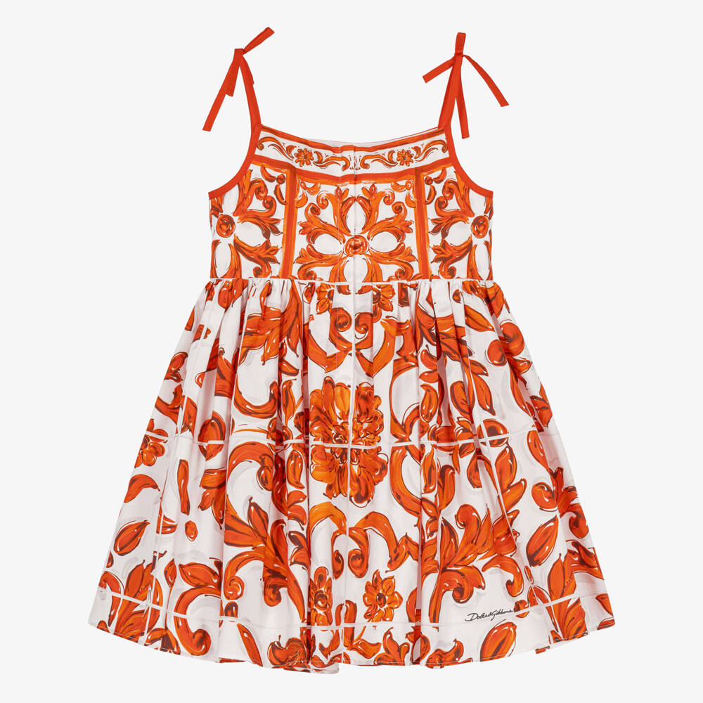 Dolce & Gabbana-Girls Orange Majolica Print Strappy Poplin Dress | Childrensalon