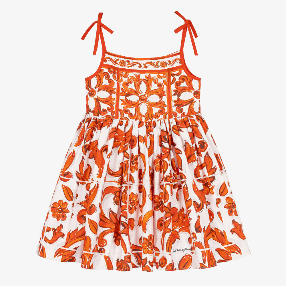 Dolce & Gabbana-Girls Orange Majolica Print Strappy Poplin Dress | Childrensalon