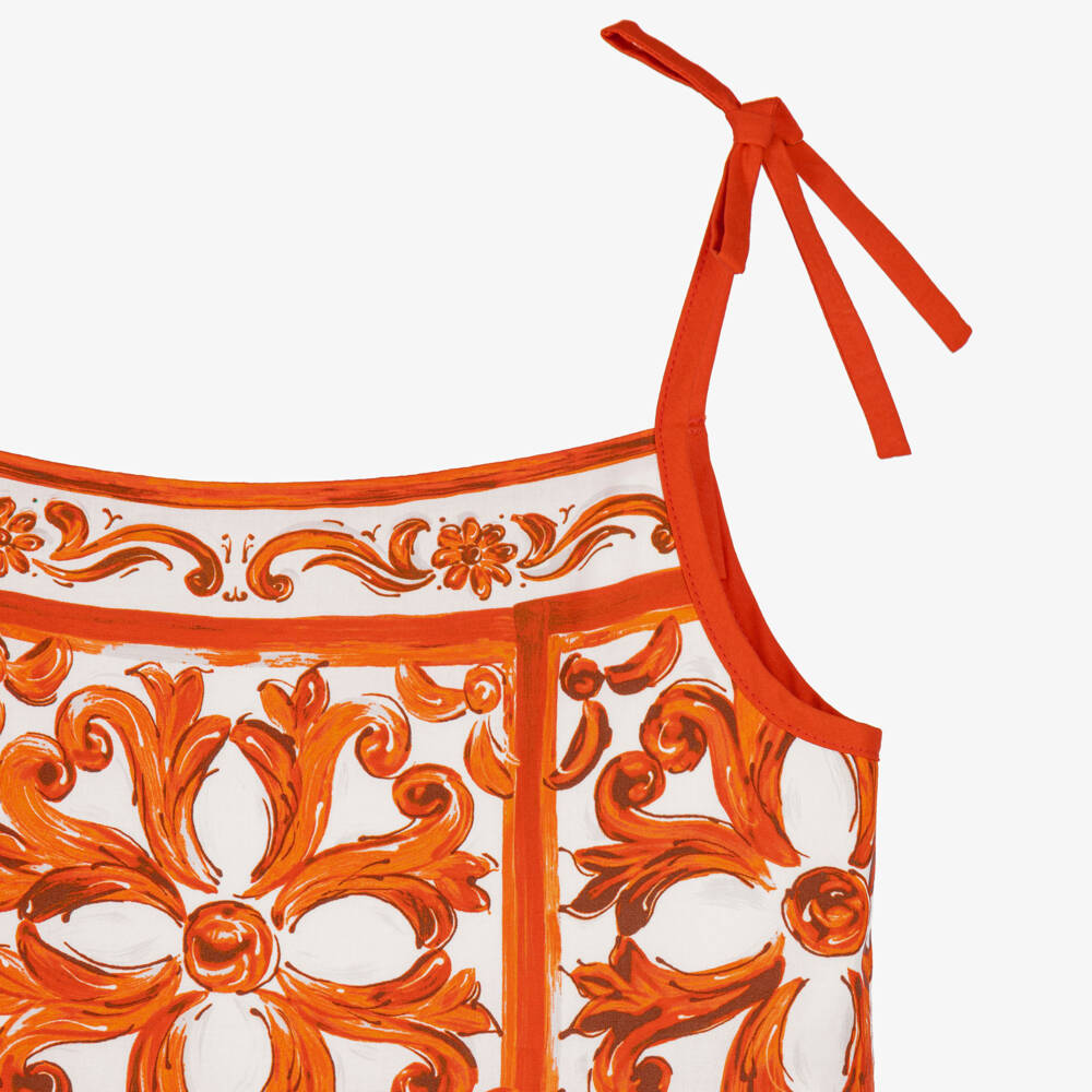 Dolce & Gabbana-Girls Orange Majolica Print Strappy Poplin Dress | Childrensalon