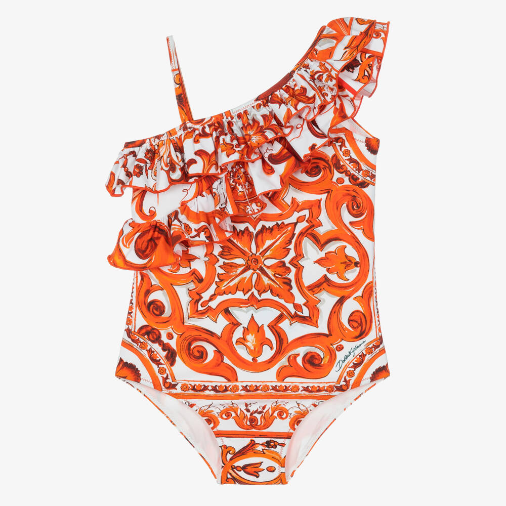 Dolce & Gabbana-Girls Orange Majolica Print Swimsuit with Ruffles | Childrensalon