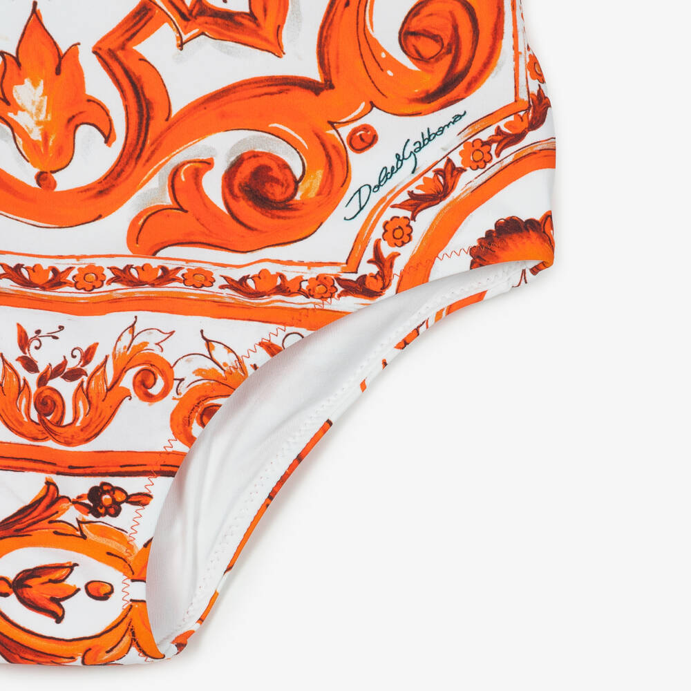 Dolce & Gabbana-Girls Orange Majolica Print Swimsuit with Ruffles | Childrensalon