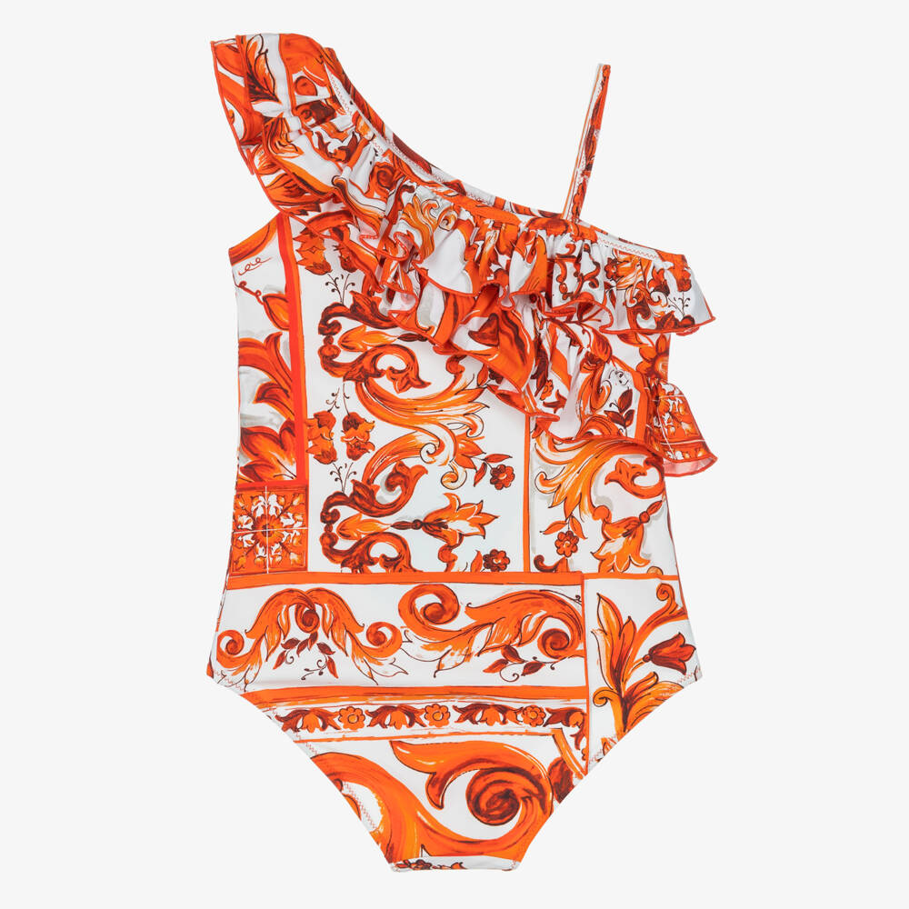 Dolce & Gabbana-Girls Orange Majolica Print Swimsuit with Ruffles | Childrensalon