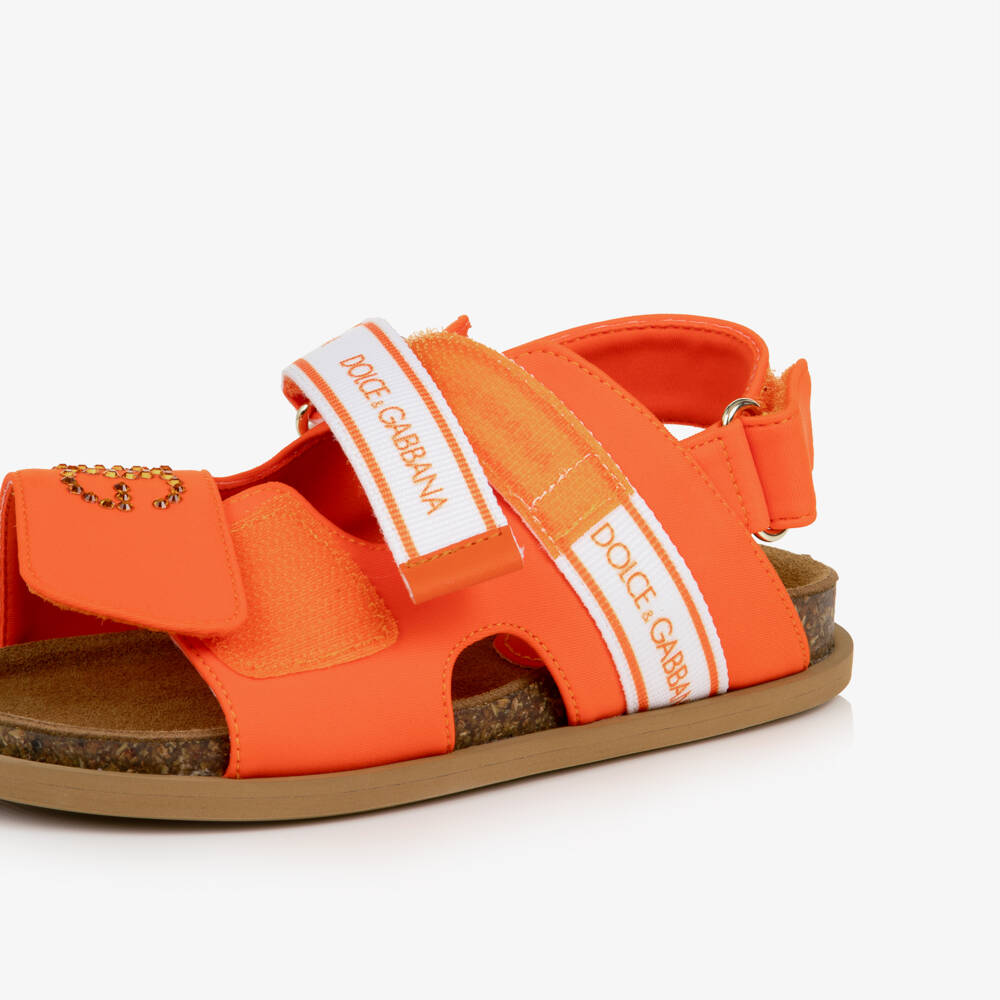 Dolce & Gabbana-Girls Orange Rhinestone DG Logo Sandals | Childrensalon