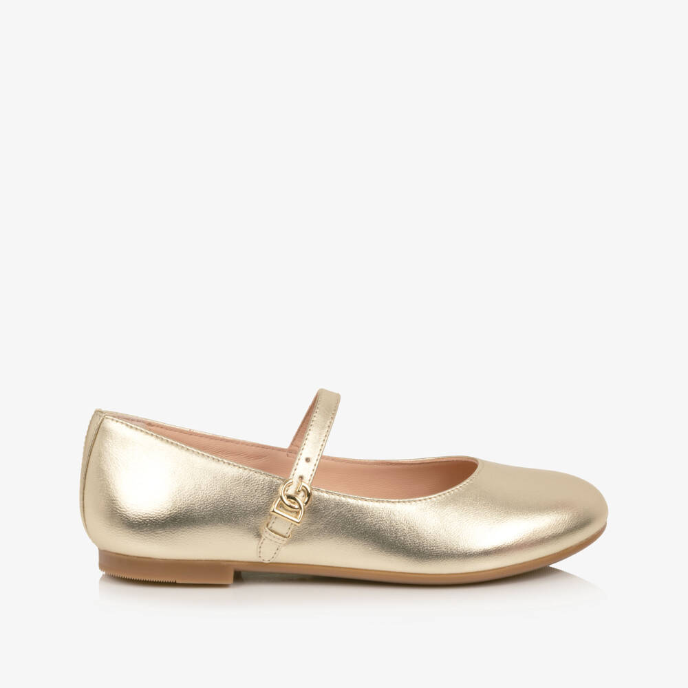 Dolce & Gabbana-Girls Pale Gold Leather Ballerina Flats with DG Buckles | Childrensalon