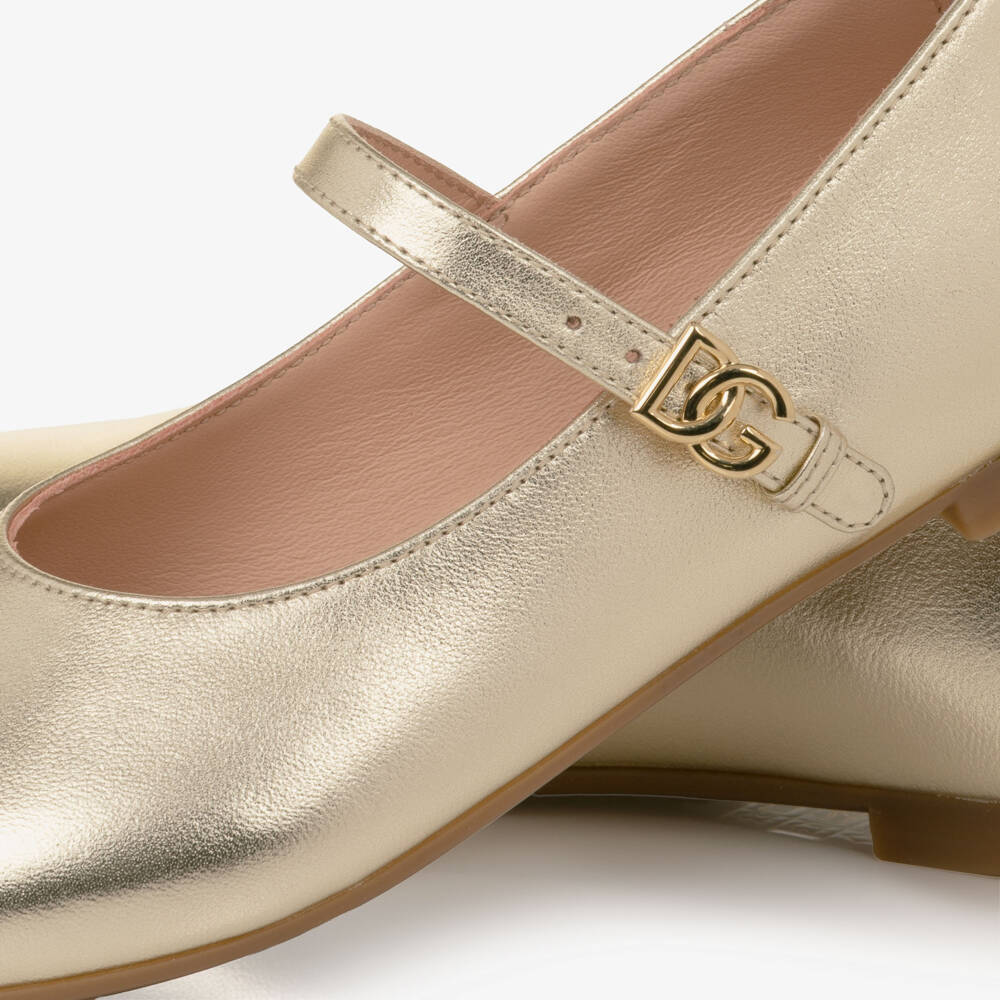 Dolce & Gabbana-Girls Pale Gold Leather Ballerina Flats with DG Buckles | Childrensalon