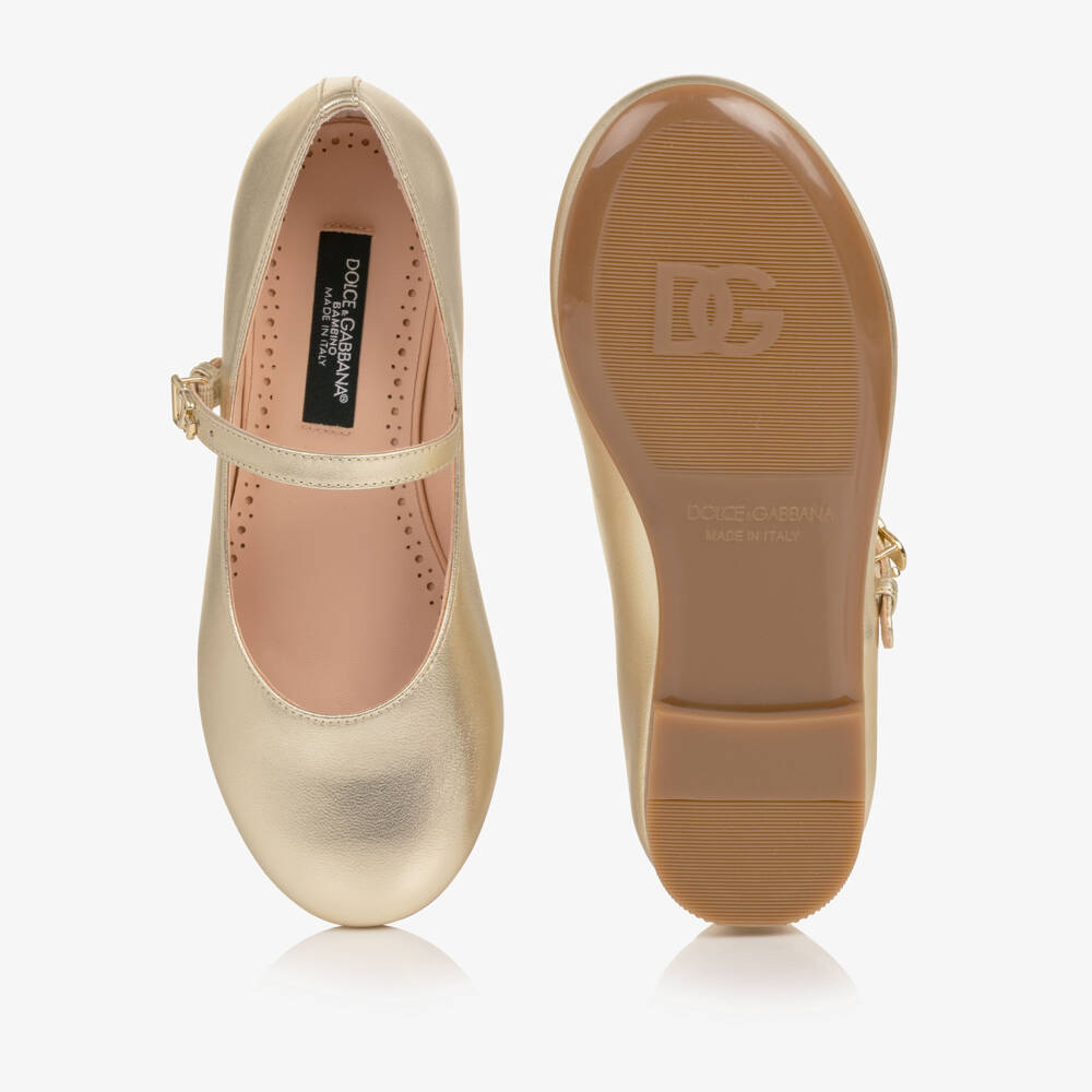 Dolce & Gabbana-Girls Pale Gold Leather Ballerina Flats with DG Buckles | Childrensalon
