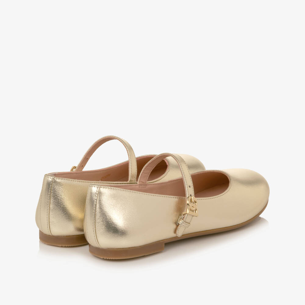 Dolce & Gabbana-Girls Pale Gold Leather Ballerina Flats with DG Buckles | Childrensalon