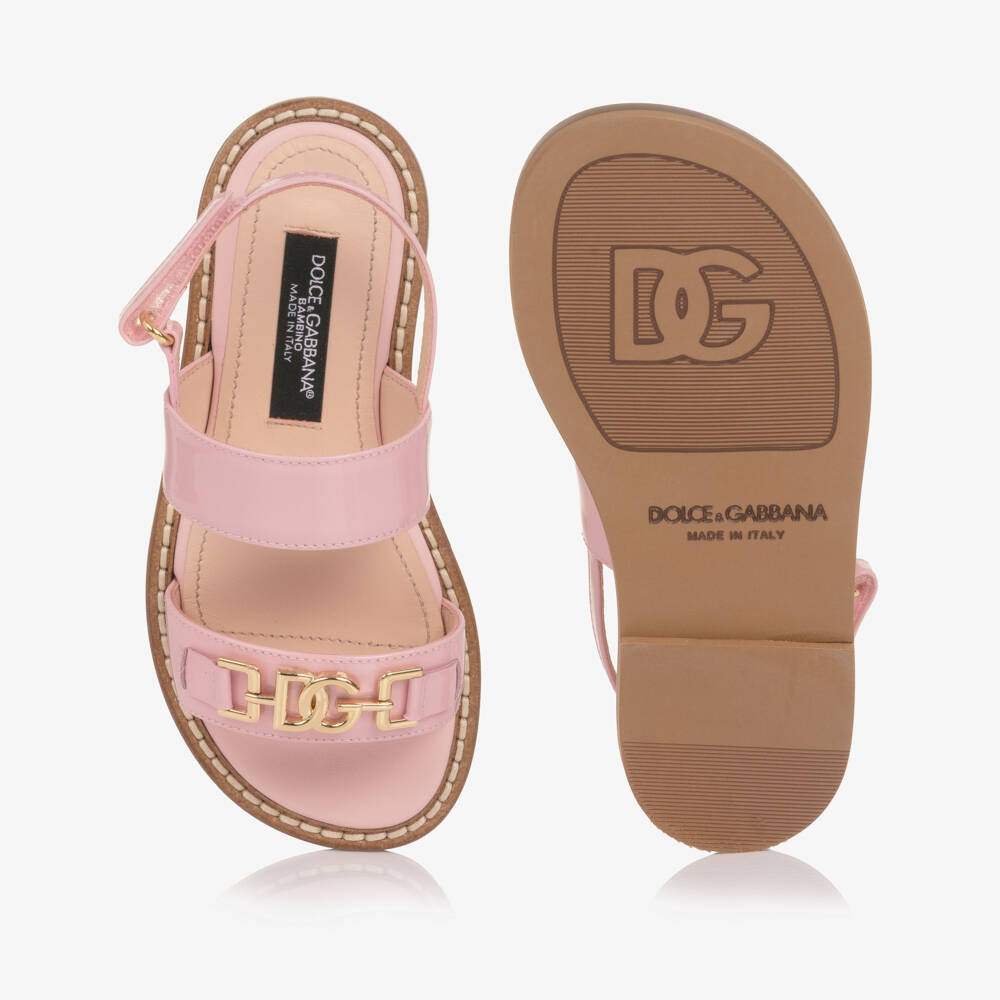 Dolce & Gabbana-Girls Pale Pink Leather Sandals with DG Crossed Logo | Childrensalon