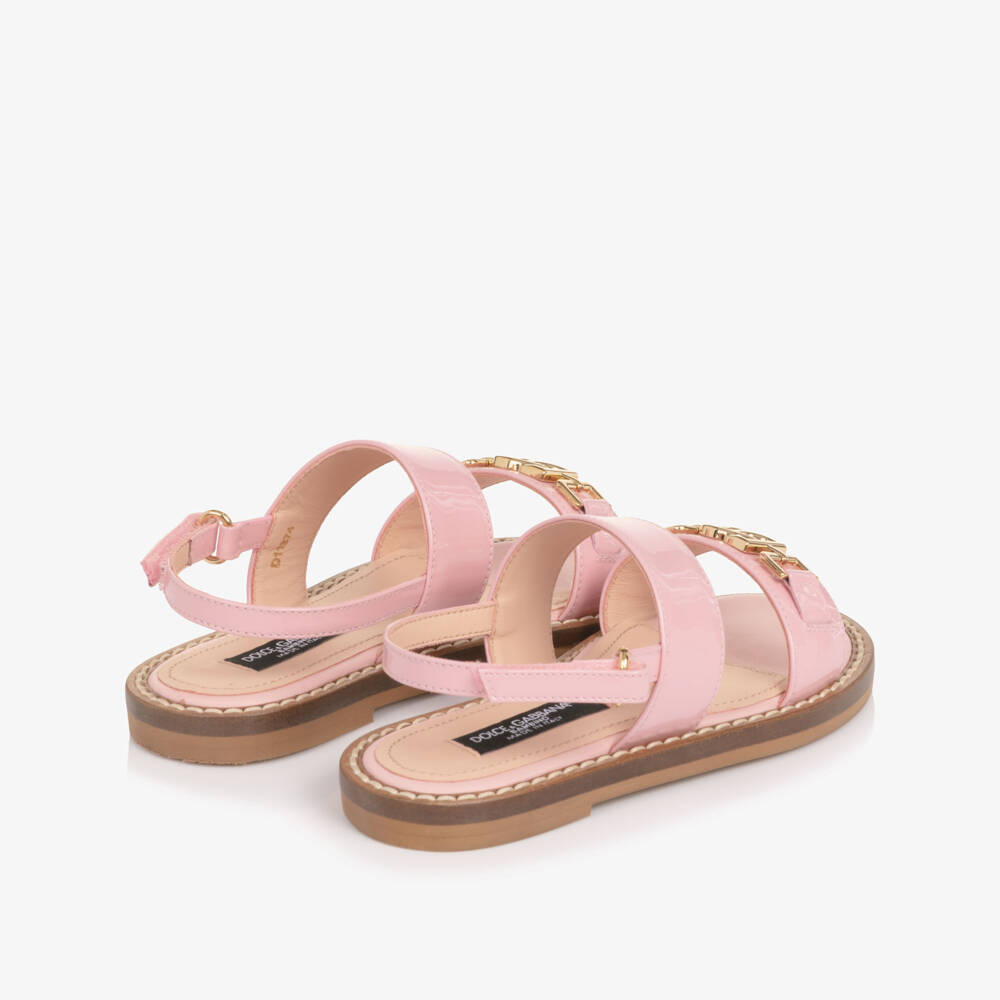Dolce & Gabbana-Girls Pale Pink Leather Sandals with DG Crossed Logo | Childrensalon