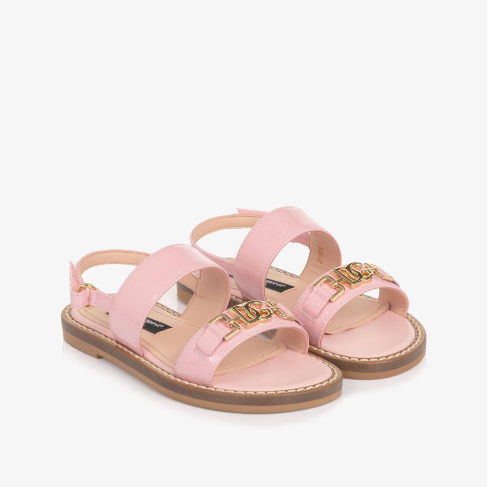 Dolce & Gabbana-Girls Pale Pink Leather Sandals with DG Crossed Logo | Childrensalon