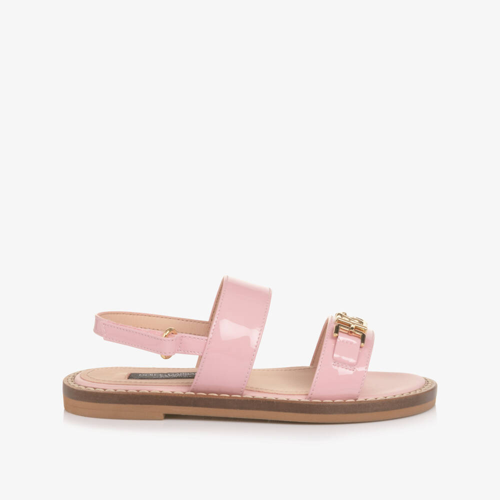 Dolce & Gabbana-Girls Pale Pink Leather Sandals with DG Crossed Logo | Childrensalon