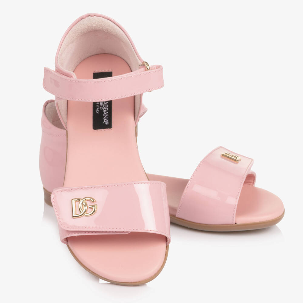 Dolce & Gabbana-Girls Pale Pink Patent Leather Sandals with DG Crossed Logo | Childrensalon
