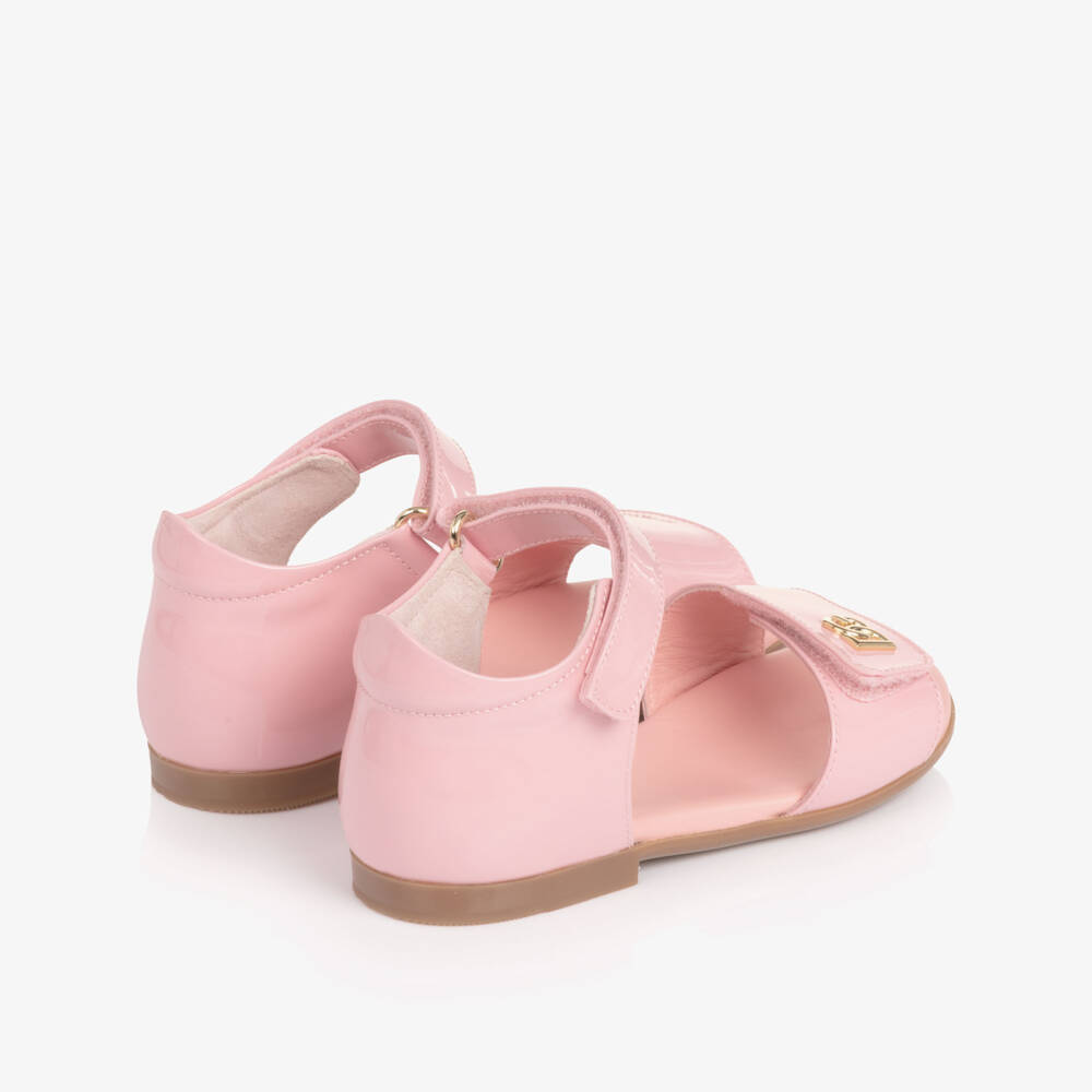 Dolce & Gabbana-Girls Pale Pink Patent Leather Sandals with DG Crossed Logo | Childrensalon