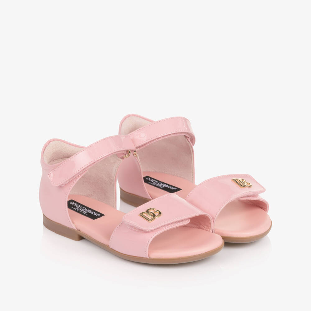 Dolce & Gabbana-Girls Pale Pink Patent Leather Sandals with DG Crossed Logo | Childrensalon