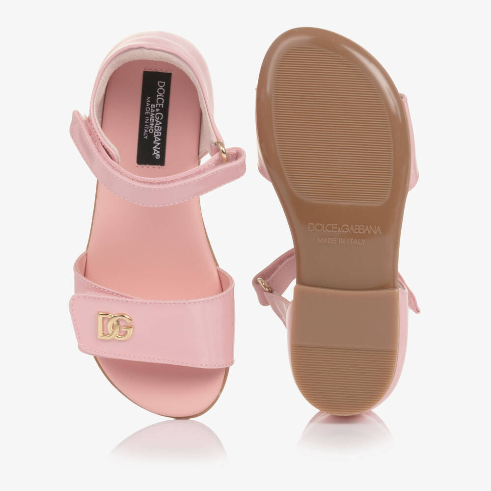 Dolce & Gabbana-Girls Pale Pink Patent Leather Sandals with DG Crossed Logo | Childrensalon