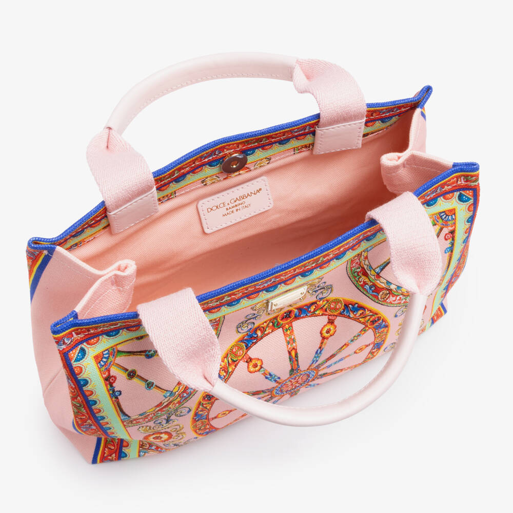 Dolce & Gabbana-Girls Pink Canvas Tote Bag in Carretto Print (26cm) | Childrensalon