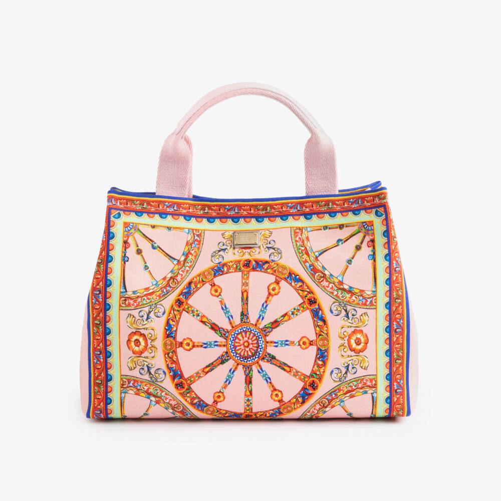 Dolce & Gabbana-Girls Pink Canvas Tote Bag in Carretto Print (26cm) | Childrensalon