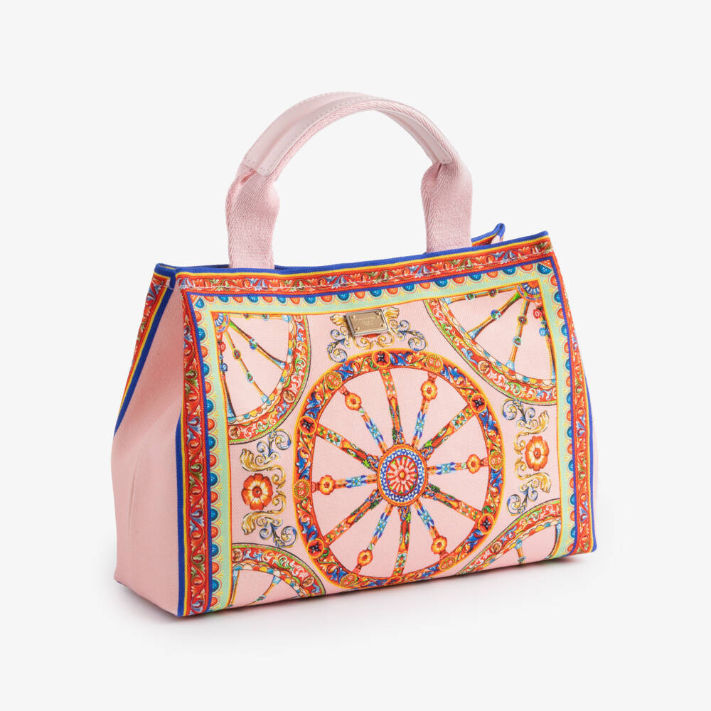 Dolce & Gabbana-Girls Pink Canvas Tote Bag in Carretto Print (26cm) | Childrensalon