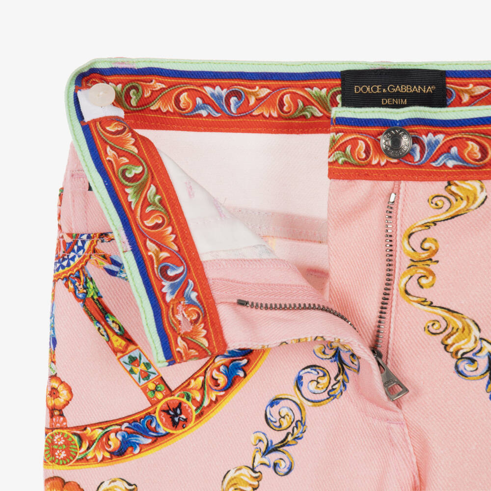Dolce & Gabbana-Girls Pink Carretto Print Denim Jeans | Childrensalon