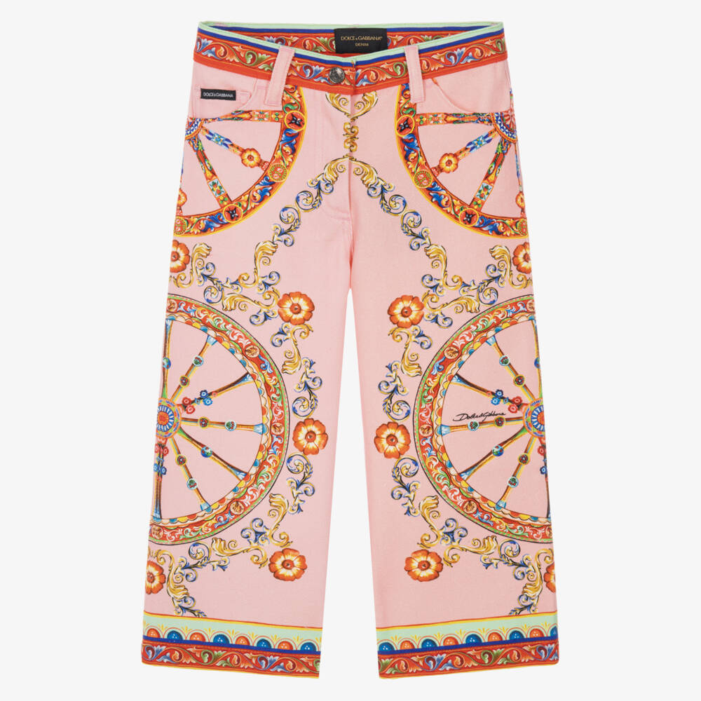 Dolce & Gabbana-Girls Pink Carretto Print Denim Jeans | Childrensalon