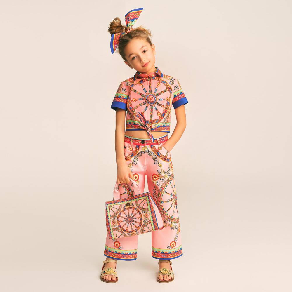 Dolce & Gabbana-Girls Pink Carretto Print Denim Jeans | Childrensalon