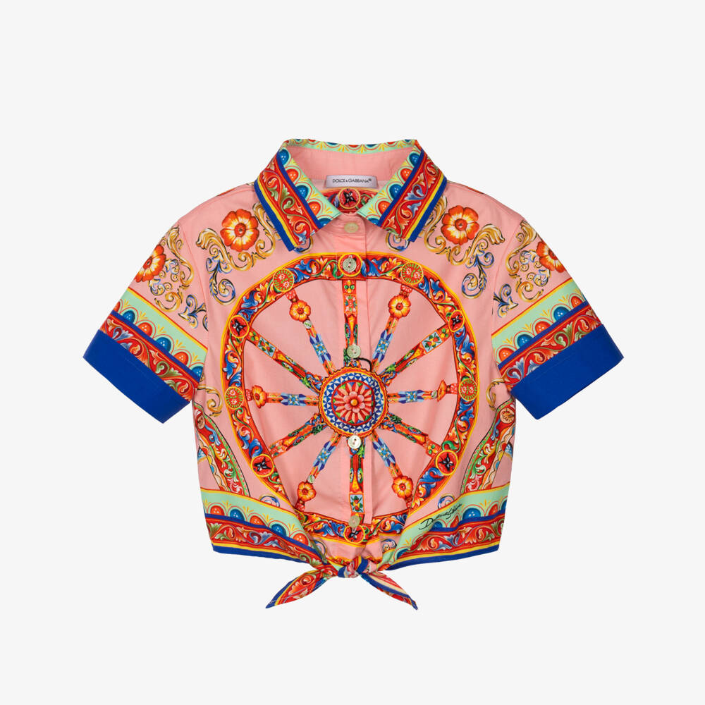 Dolce & Gabbana-Girls Pink Carretto Print Shirt with Knot Detail | Childrensalon