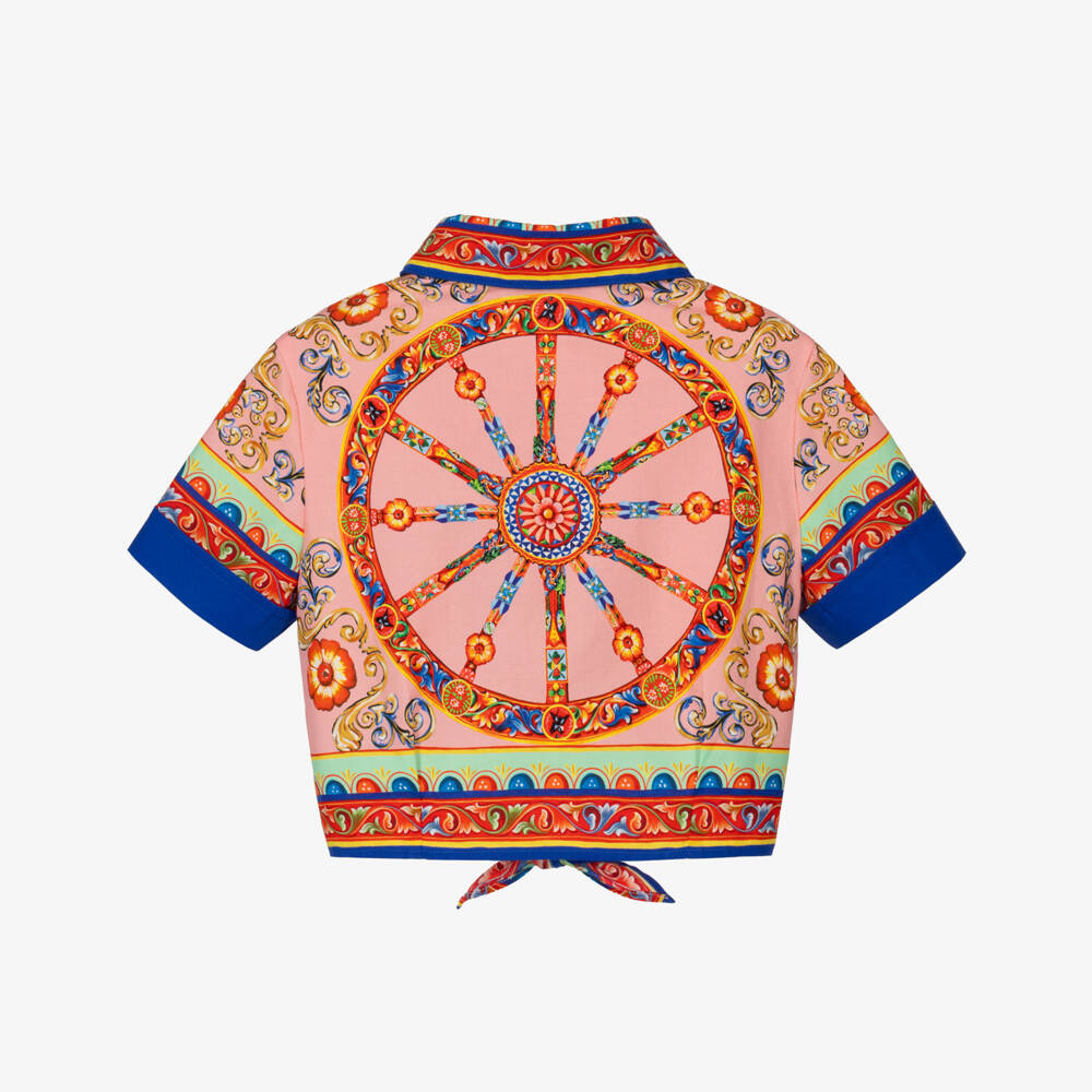 Dolce & Gabbana-Girls Pink Carretto Print Shirt with Knot Detail | Childrensalon