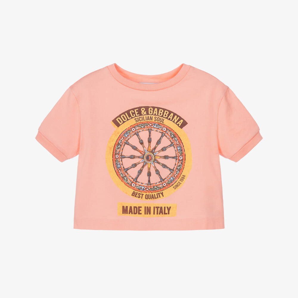 Dolce & Gabbana-Girls Pink Cotton Carretto Print Slim T-Shirt | Childrensalon