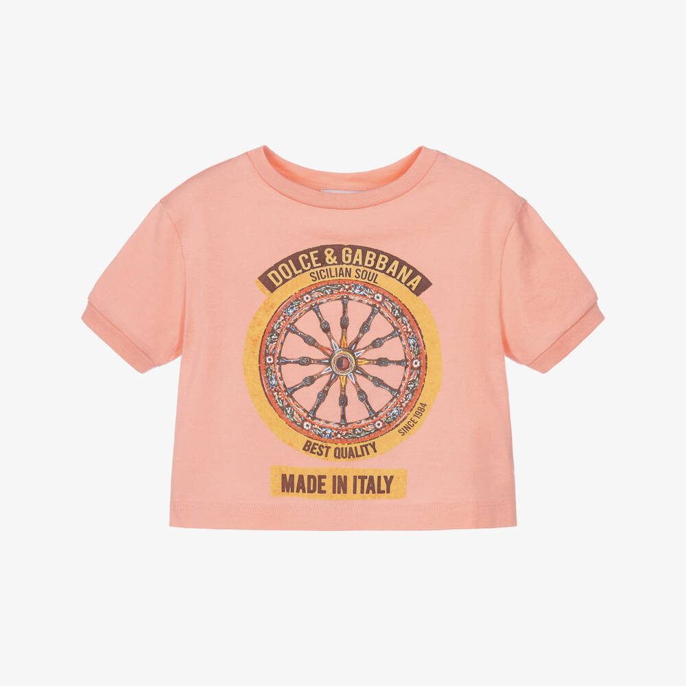 Dolce & Gabbana-Girls Pink Cotton Carretto Print Slim T-Shirt | Childrensalon