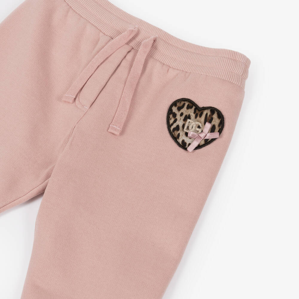Dolce & Gabbana-Girls Pink Cotton Joggers with Leopard Print Heart | Childrensalon