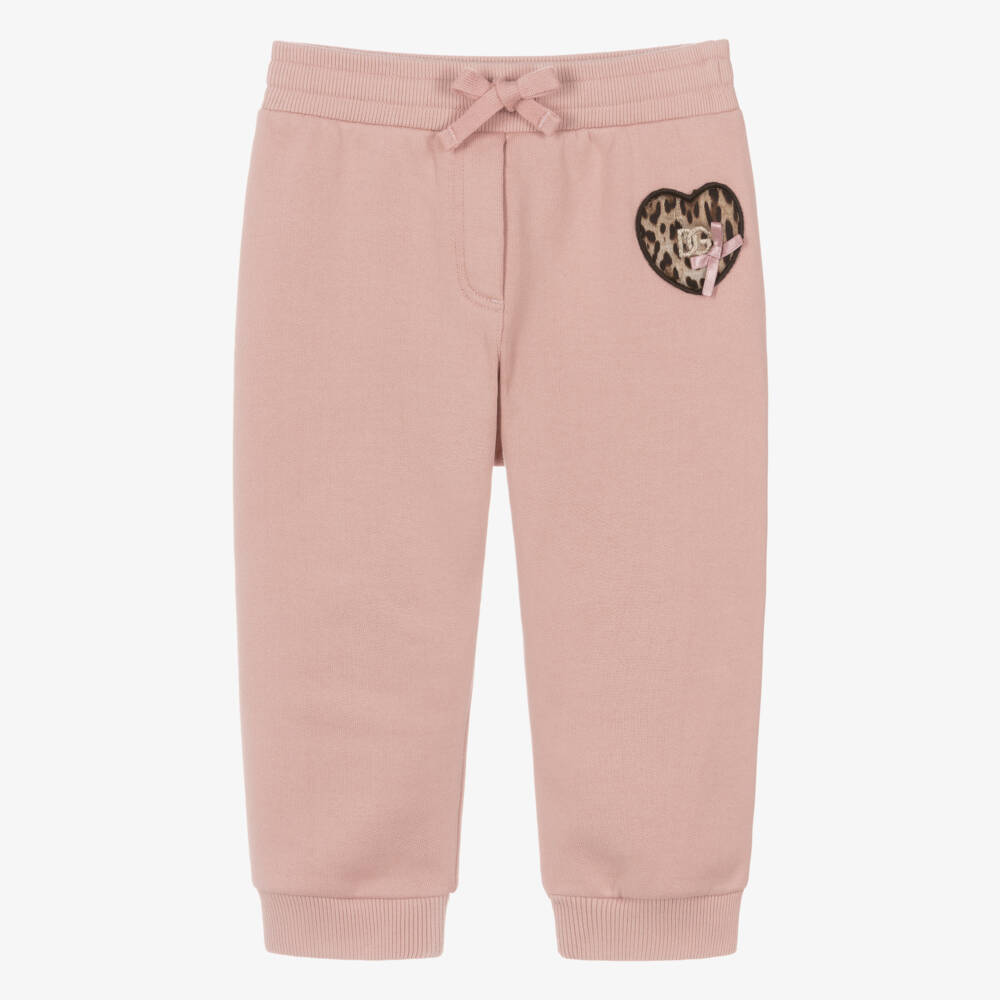 Dolce & Gabbana-Girls Pink Cotton Joggers with Leopard Print Heart | Childrensalon