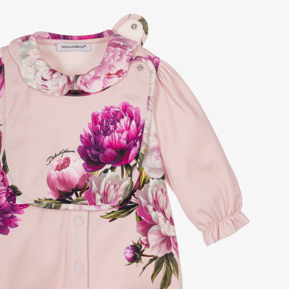 Dolce & Gabbana-Girls Pink Cotton Peony Print Babysuit Gift Set | Childrensalon