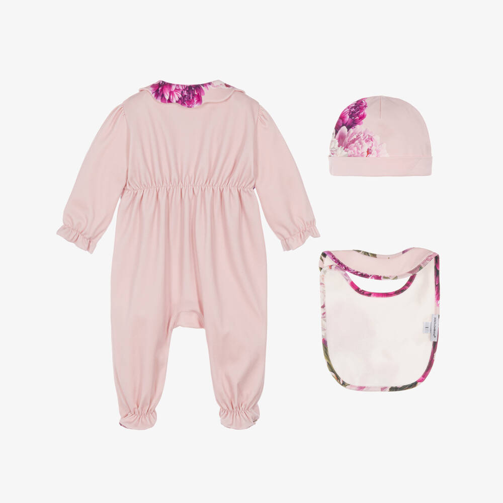 Dolce & Gabbana-Girls Pink Cotton Peony Print Babysuit Gift Set | Childrensalon