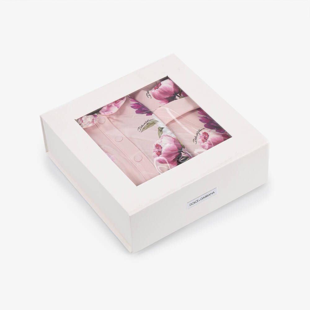 Dolce & Gabbana-Girls Pink Cotton Peony Print Babysuit Gift Set | Childrensalon