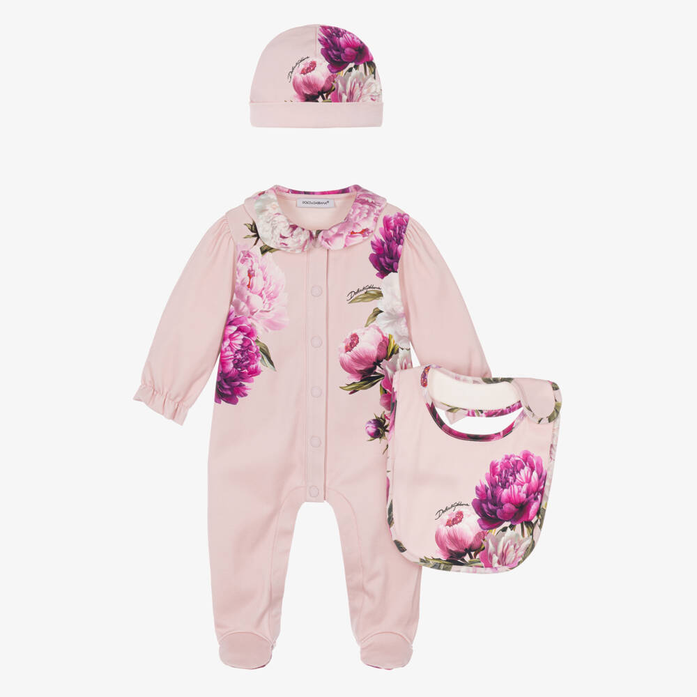 Dolce & Gabbana-Girls Pink Cotton Peony Print Babysuit Gift Set | Childrensalon