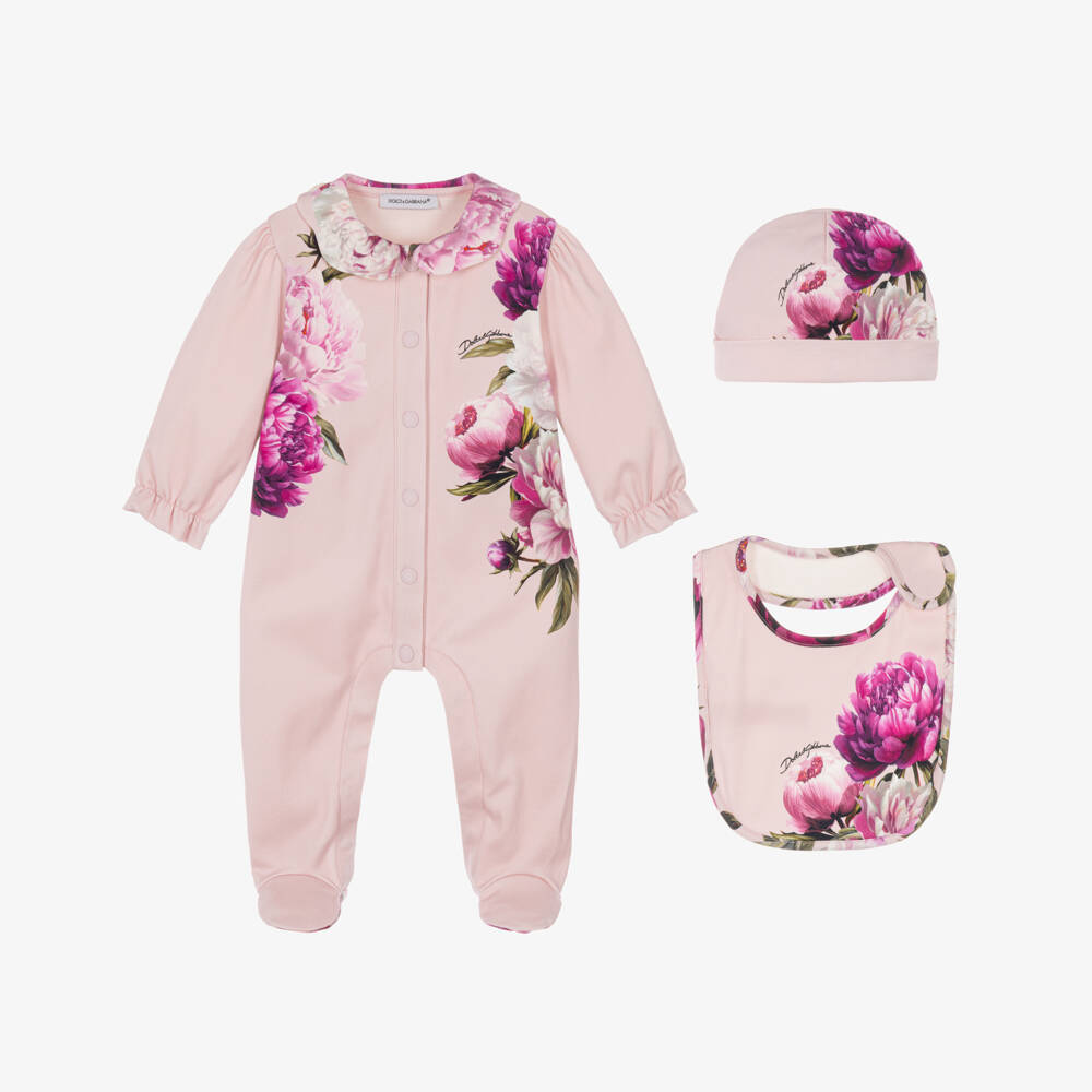 Dolce & Gabbana-Girls Pink Cotton Peony Print Babysuit Gift Set | Childrensalon