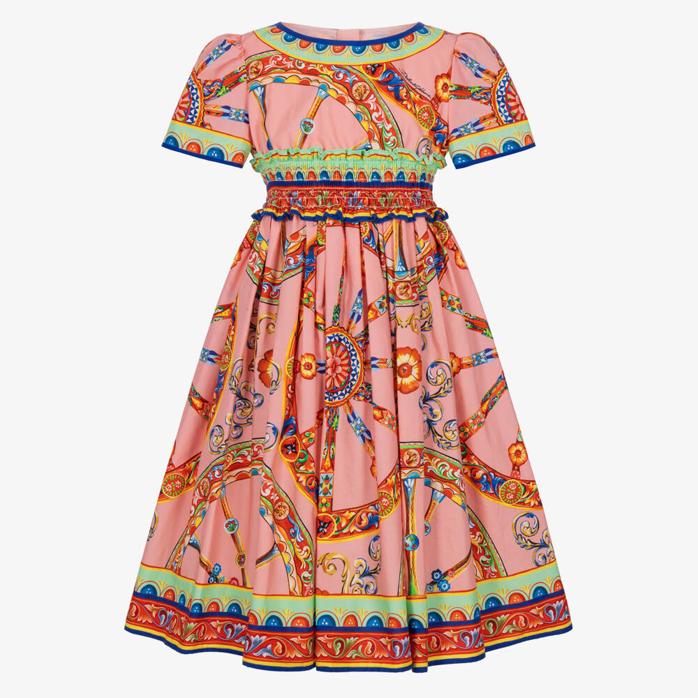 Dolce & Gabbana-Girls Pink Cotton Poplin Carretto Print Dress | Childrensalon