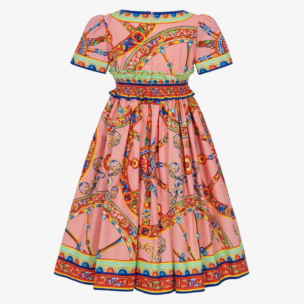 Dolce & Gabbana-Girls Pink Cotton Poplin Carretto Print Dress | Childrensalon