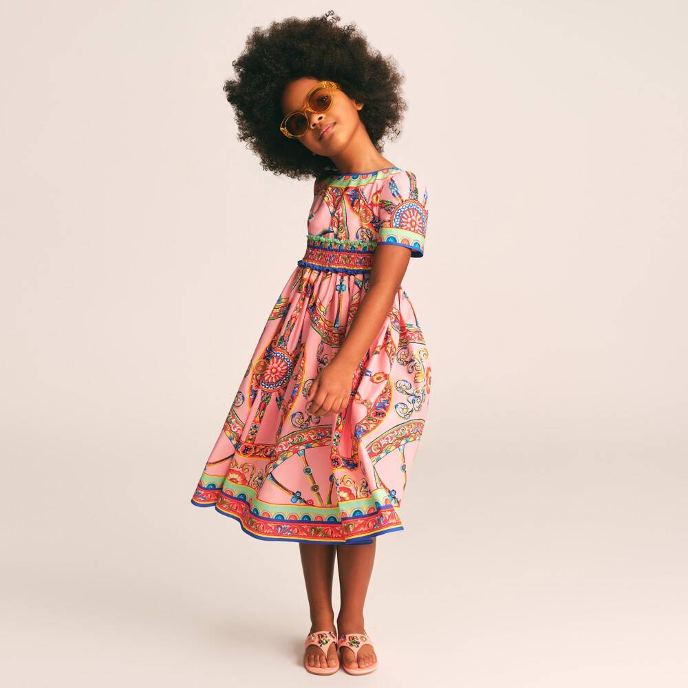 Dolce & Gabbana-Girls Pink Cotton Poplin Carretto Print Dress | Childrensalon