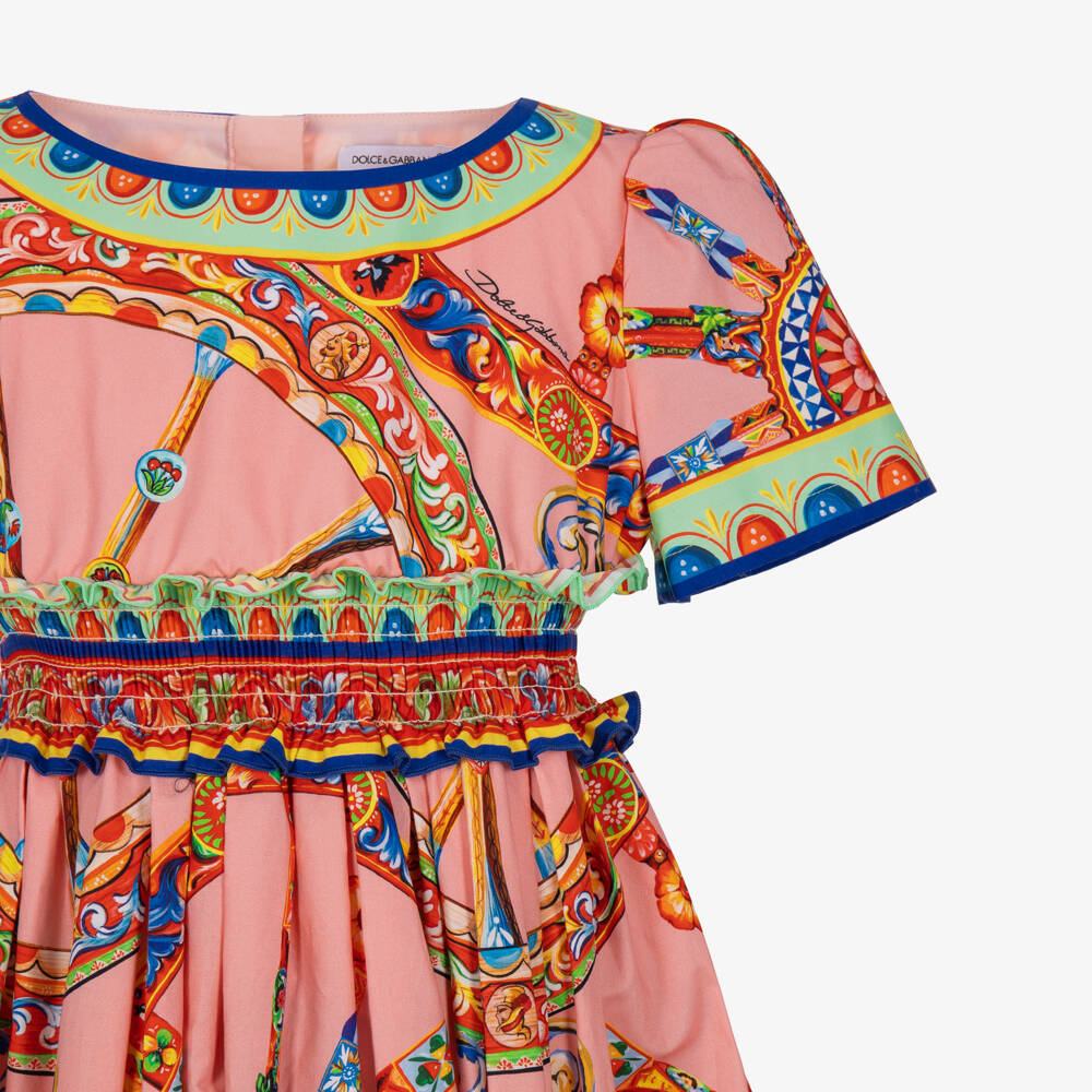 Dolce & Gabbana-Girls Pink Cotton Poplin Carretto Print Dress | Childrensalon