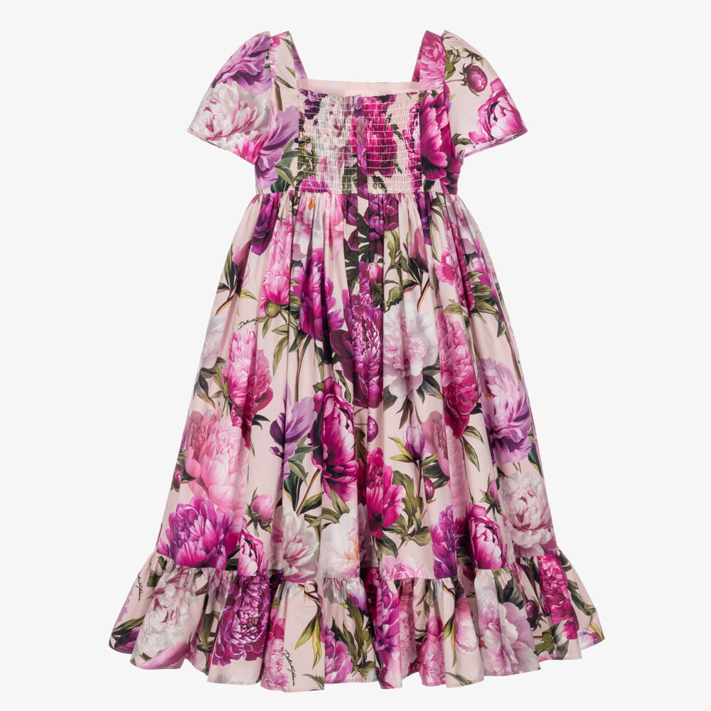 Dolce & Gabbana-Girls Pink Cotton Poplin Peony Print Dress | Childrensalon