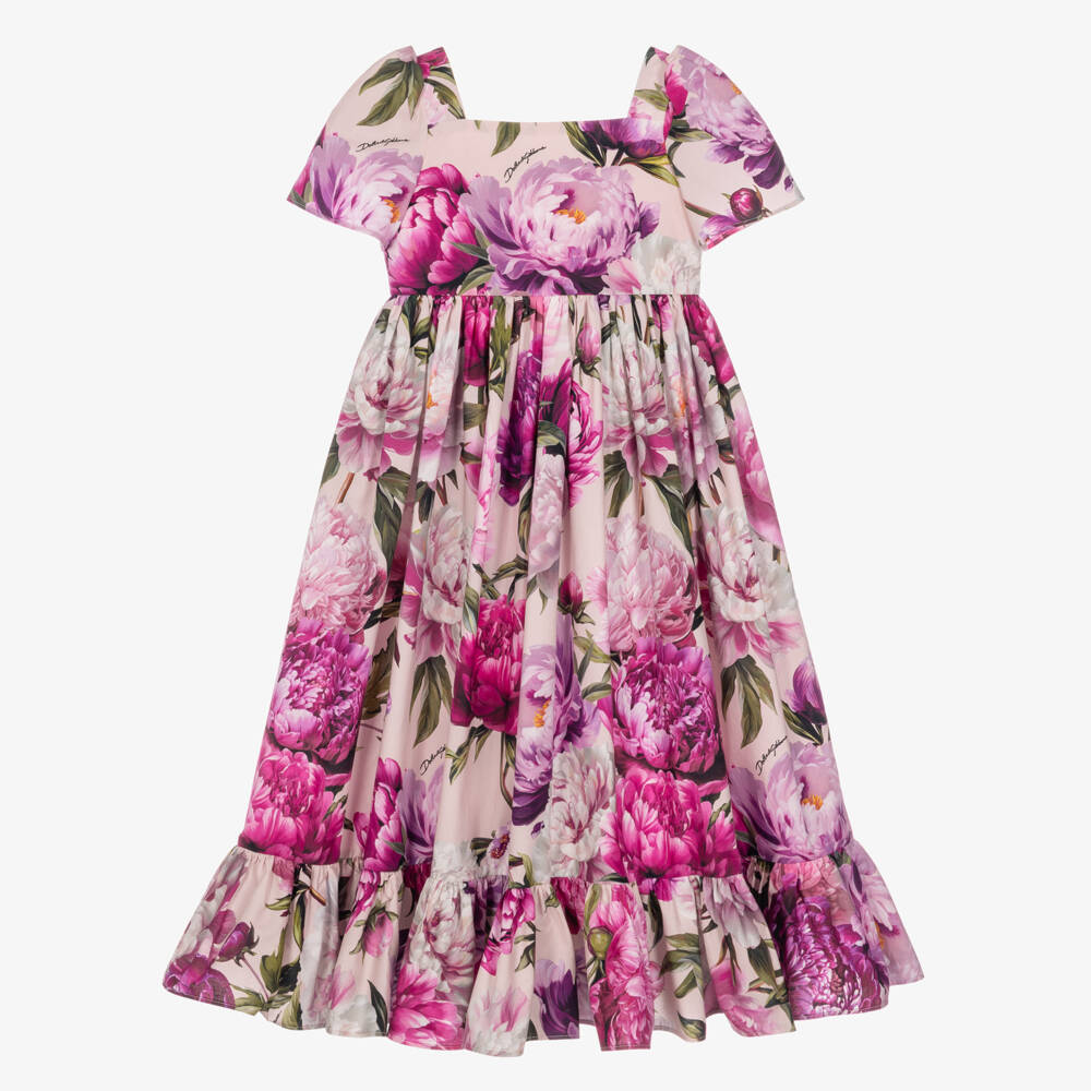 Dolce & Gabbana-Girls Pink Cotton Poplin Peony Print Dress | Childrensalon