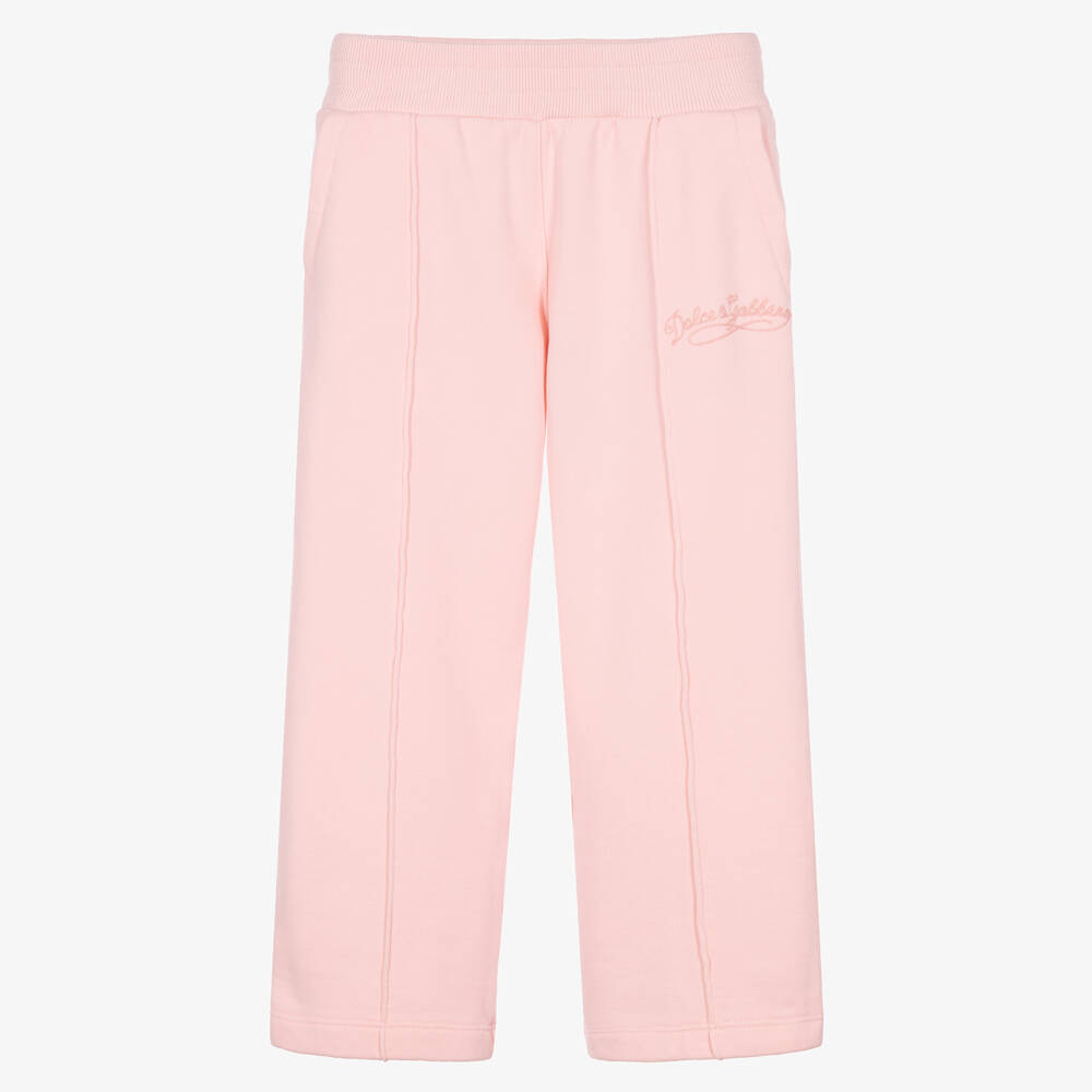 Dolce & Gabbana-Girls Pink Cotton Wide-Leg Joggers with Logo Embroidery | Childrensalon